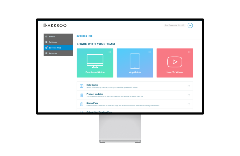 A screen displaying the user interface of the Success Hub in the Akkroo Dashboard