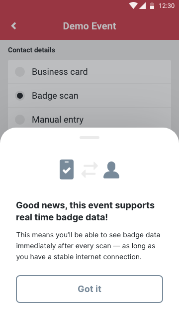 The badge scanning UI in the Akkroo app showing a warning telling the user that there is no badge integration set up for that event