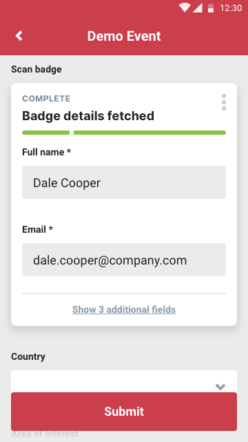 The badge scanning UI in the Akkroo app showing data retrieved from a badge