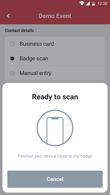 The badge scanning UI in the Akkroo app prompting the user to scan a badge using NFC technology