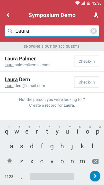 The check-in UI in the Akkroo app after a user has typed the name of a person, showing some results and a prompt to add a new record