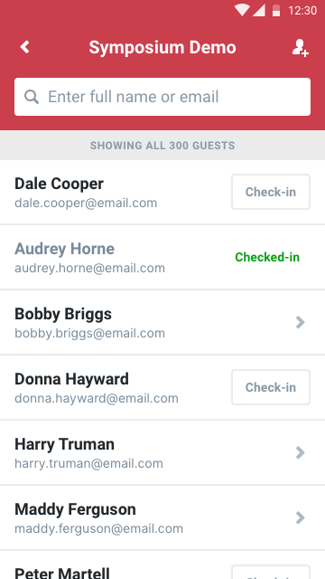 The check-in UI in the Akkroo app showing different states in the guest list: some that can be checked-in, others that would need some more information collected