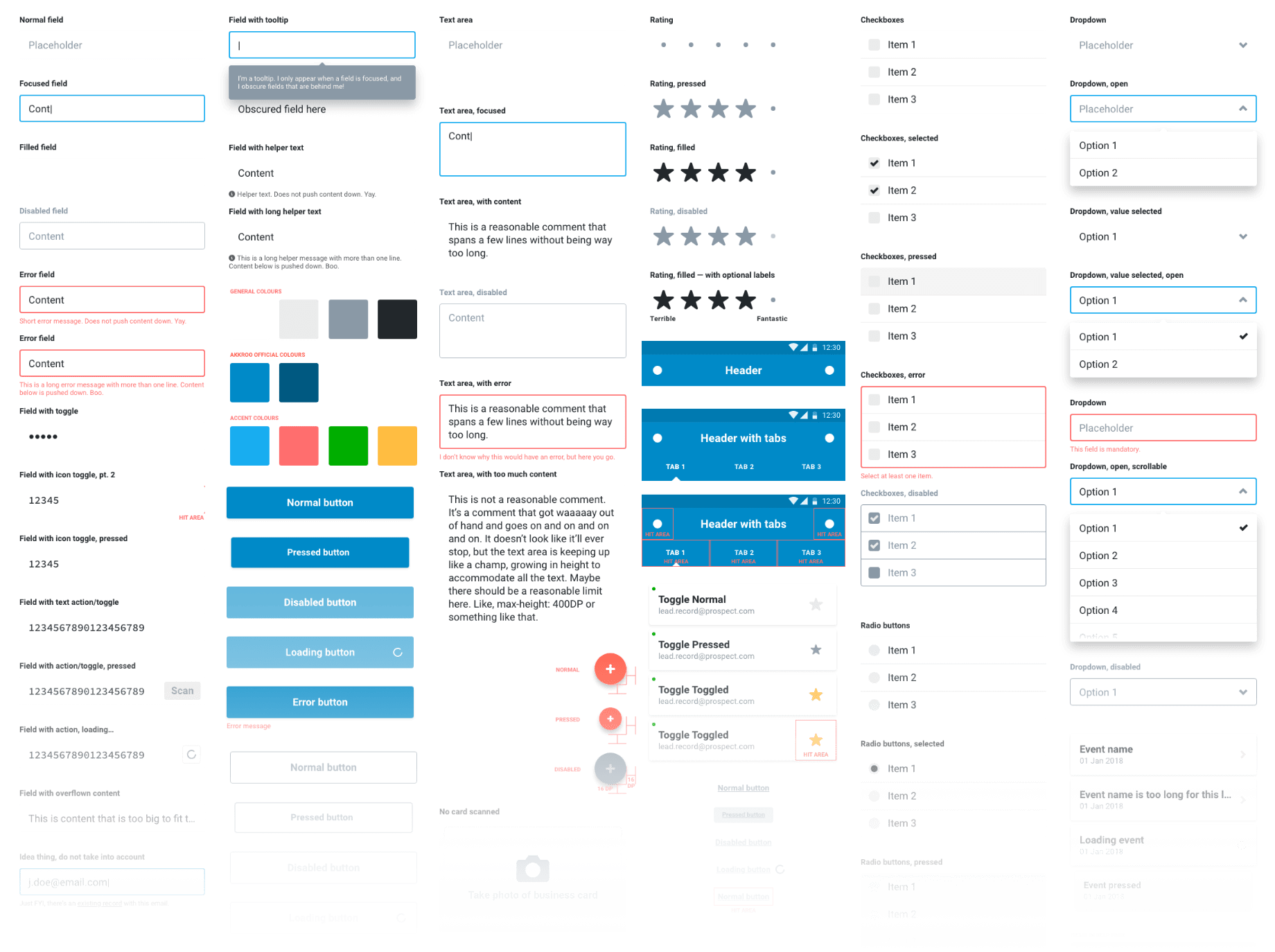 Some of the components designed for the app