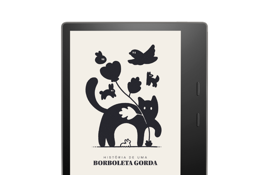 A Kindle device showing the cover for A História de Uma Borboleta Gorda