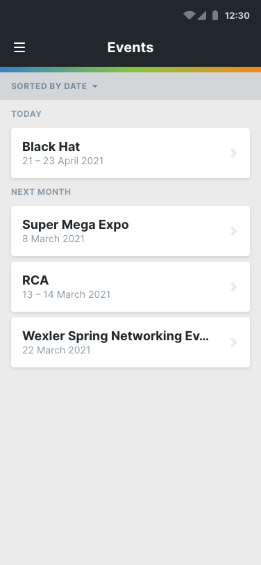 A home page showing a list of events in chronological order
