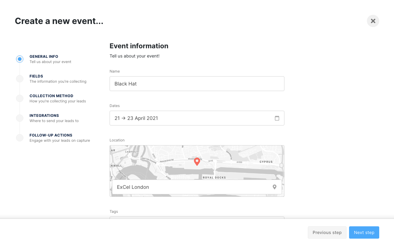 An event builder page, showing one of several steps on an easy to use interface