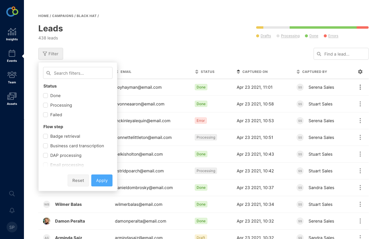 A list of leads collected at the event, with useful tools like an overview stacked bar chart and powerful filters