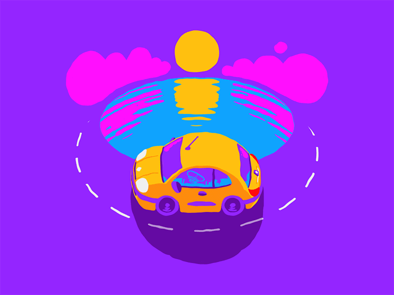 Animation showing a golden car driving along a sunset