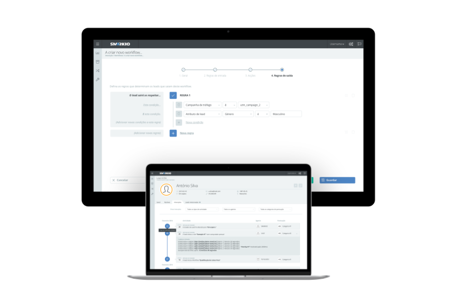 Two devices showing the SMARKIO platform UI.