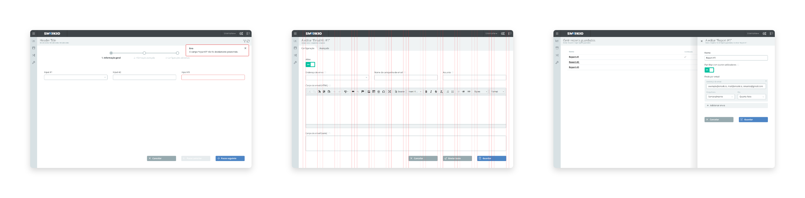 Three screenshots showing some of the structural UI pieces put in place.